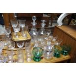 A Waterford heavy cut-glass fruit bowl, 9” diameter; three heavy cut-glass decanters; & various
