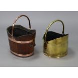 A coopered oak and copper-bound coal bucket of tapered oval form with copper swing handle & japanned