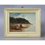 EDWIN JOHN ELLIS (1841-1895) A small coastal landscape with figures in a beached vessel, cliffs
