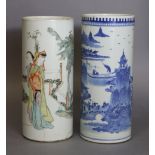 A Chinese blue & white cylindrical vase with continuous river landscape decoration with mountains in