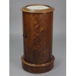 A Victorian figured mahogany cylindrical pedestal cupboard, inset marble top, with one shelf