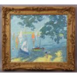 FRENCH SCHOOL, 20th century. Figures boating on a lake; Oil on canvas: 20” x 24”, in foliate