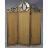 A giltwood frame three-fold draft screen inset mirrored plates to the top section above silk panels,