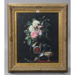 J. MILLS (20th century) A still life of flowers in a bottle, a tankard & chalice; signed, Oil on