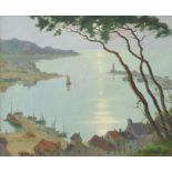 RENE EMILE CHARLES COULON (1882-?) A tranquil harbour scene from an elevated viewpoint, Signed “R.