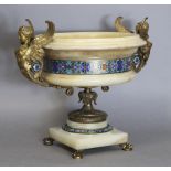 A 19th century FRENCH ORMOLU, CHAMPLEVE ENAMEL, & ONYX LARGE TAZZA with winged caryatide handles,