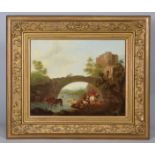 ENGLISH SCHOOL, early 19th century. An Italianate river landscape with travellers & cattle at a