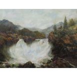 GEORGE BAIN (1881-1968) A highland river landscape with a figure above a waterfall; Signed lower