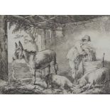 After GEORGE MORLAND (1763-1804) A black-&-white print of a farmyard scene with donkey & sows in a