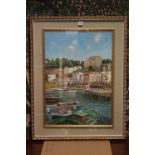 An Italian lakeside harbour scene with moored boats to the fore, titled “Marina” & signed “