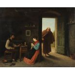 ENGLISH SCHOOL, 19th century. A cobbler’s workshop with figures at a table, Oil on canvas: 15” x