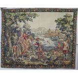 A 20th century French tapestry in the Flemish style, with medieval scene of figures approaching a