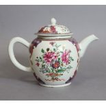 A late 18th century Chinese porcelain round teapot painted with flowers in famille rose enamels,