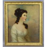 ENGLISH SCHOOL, 19th century. Portrait of a lady, half-length, wearing white dress; Oil on canvas: