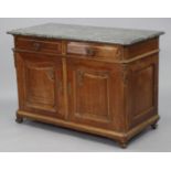 A 19th century French oak side cabinet with grey marble top, fitted two frieze drawers above a