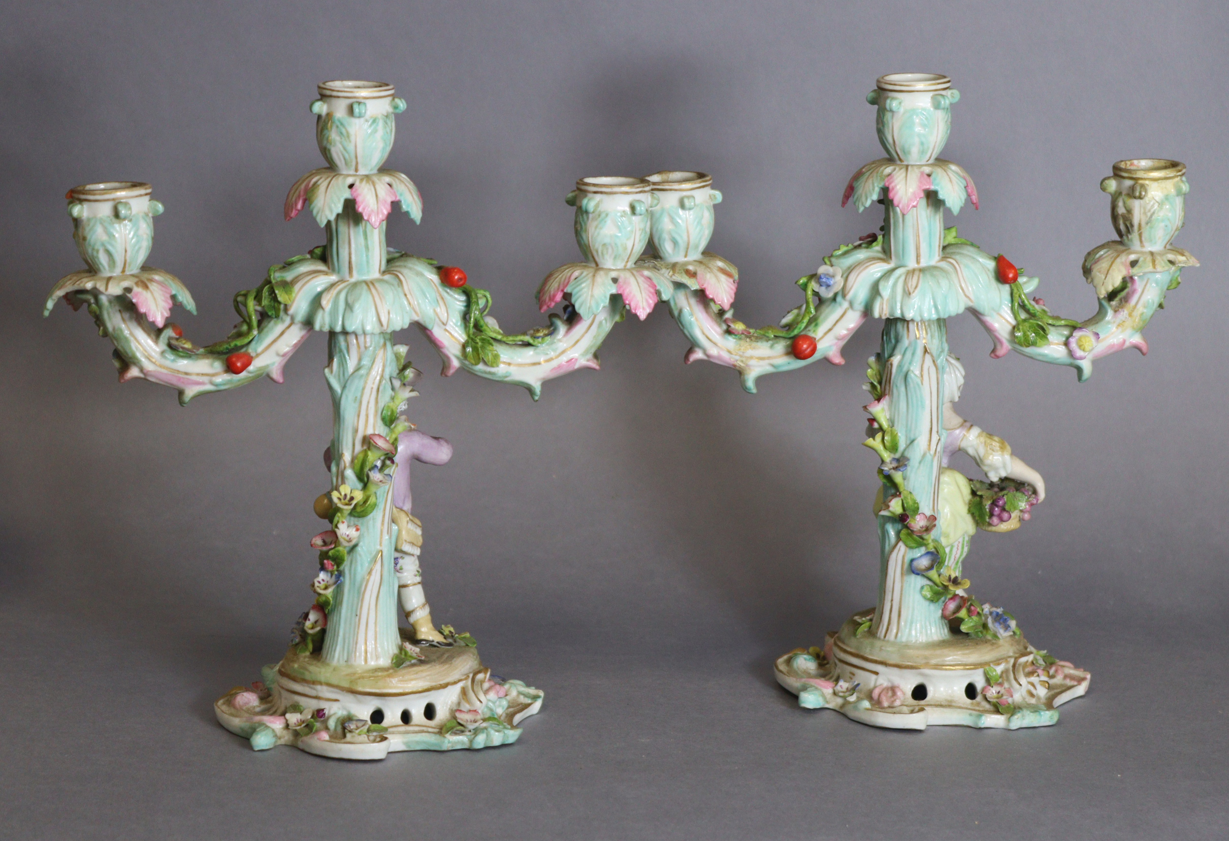 A pair of Meissen porcelain three-branch floral-encrusted candelabra, one with a girl holding a - Image 4 of 11