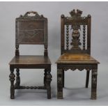 Two Victorian carved oak Gothic-style hall chairs, each with hard seat, one with panel-back, one