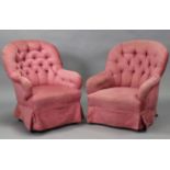 A near pair of Victorian easy chairs, each with buttoned back & sides, upholstered pink velour,