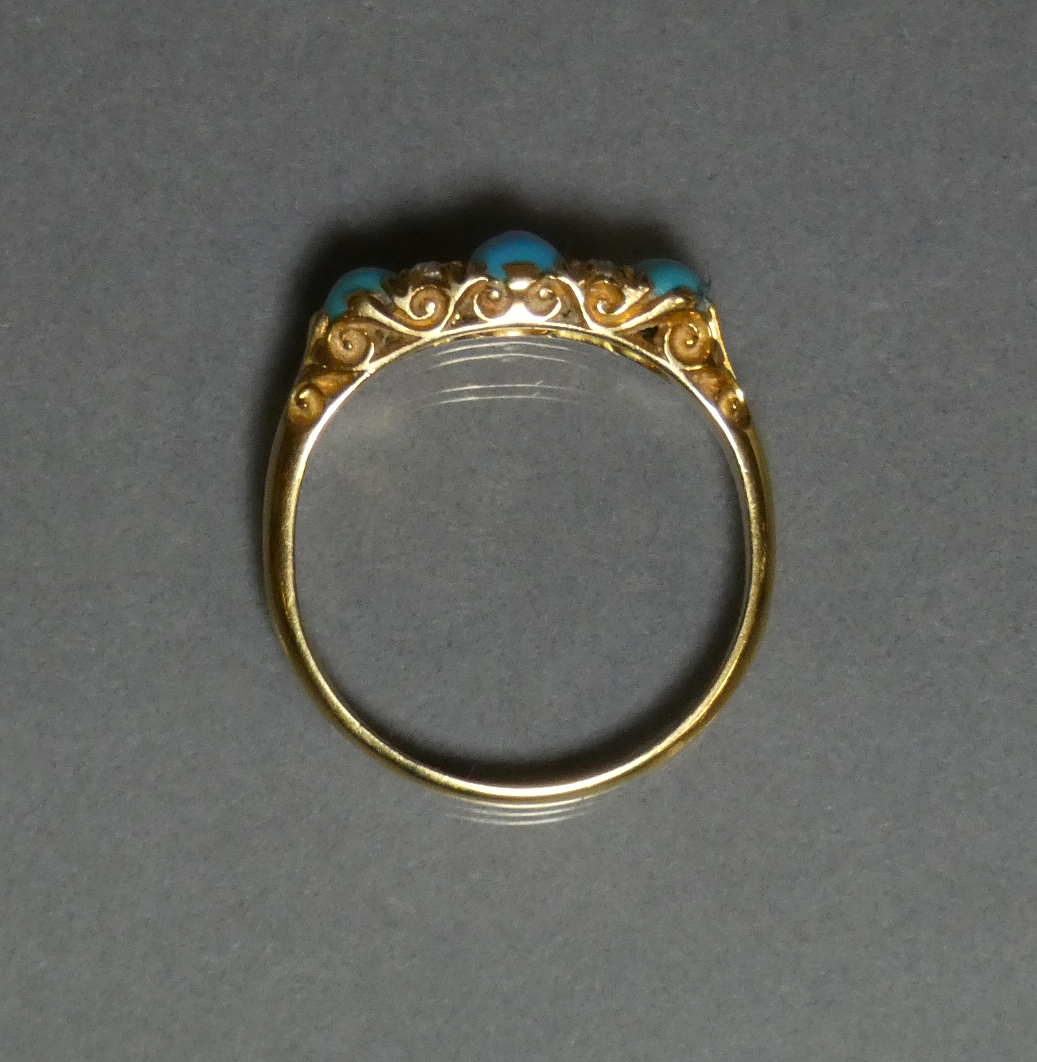 A late Victorian gold ring set three graduated turquoise cabochons with pairs of small diamonds in - Image 3 of 3