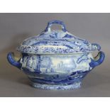 An early 19th century Spode blue transfer ‘Italian’ pattern oval two-handled soup tureen & cover,