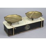 A vintage French patisserie scale, fitted two brass pans & fitted with white marble slab to the
