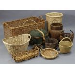 A large wicker rectangular two-handled laundry basket, 40” wide; together with various other