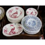 Seventeen items of Spode pink & white transfer printed dinnerware with game-bird design; & sixteen