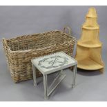 A large wicker log basket, 39” long; together with a painted wooden rectangular coffee