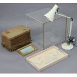 A Perspex square plinth, 17¾” wide; together with an anglepoise desk lamp; various hat-boxes; four
