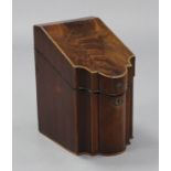 A George III inlaid mahogany knife box with hinged lid (lacking interior), 9” wide x 14½” high x 12”