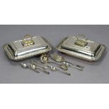 A pair of silver plated rectangular entrée dishes with beaded edges & detachable ring handles, 11”