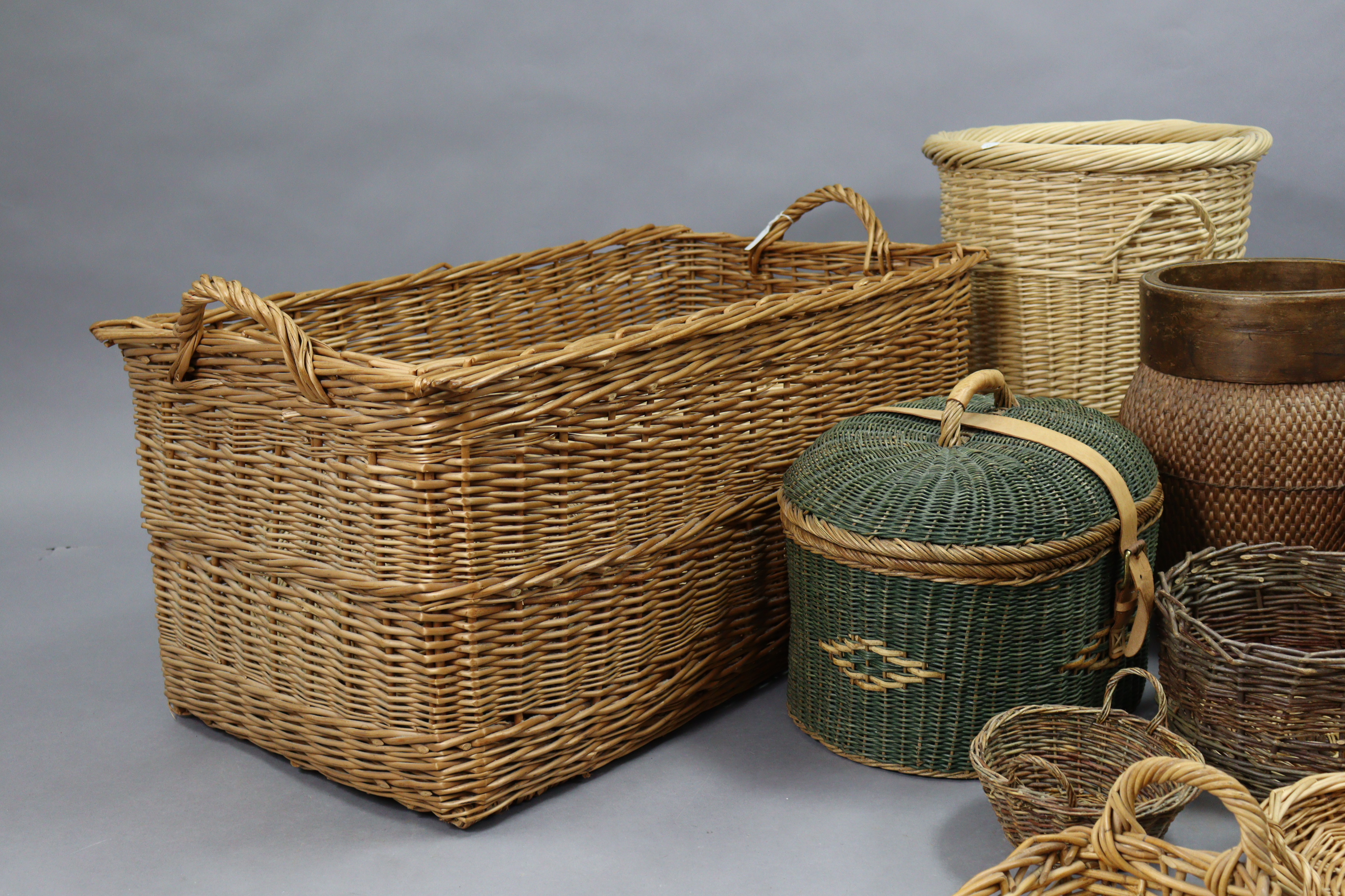 A large wicker rectangular two-handled laundry basket, 40” wide; together with various other - Image 2 of 5