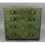 A continental-style painted pine chest fitted two short & three long graduated drawers with turned