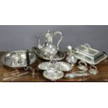 A silver-plated rectangular entrée dish, with gadrooned edge & detachable ring handle; a silver-plat