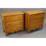 A pair of walnut-finish small chests each fitted three long drawers with gilt-ormolu handles, & on