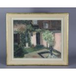 A. PRICE (20th century). A sun-lit courtyard with foliate & statues. Signed & dated 1958 lower