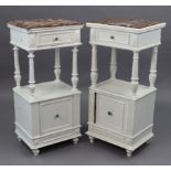 A pair of French white painted wooden marble-top bedside cabinets each fitted with a frieze drawer