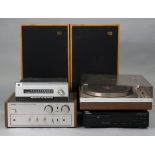 A Leak “Stereofetic” fm tuner; a Sony TA-1630 stereo amplifier; a Philips turntable; & a matched