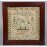 A George IV needlework sampler “Ann Brown’s Work, Aged 12 years, 1822”, with alphabet, birds, trees,