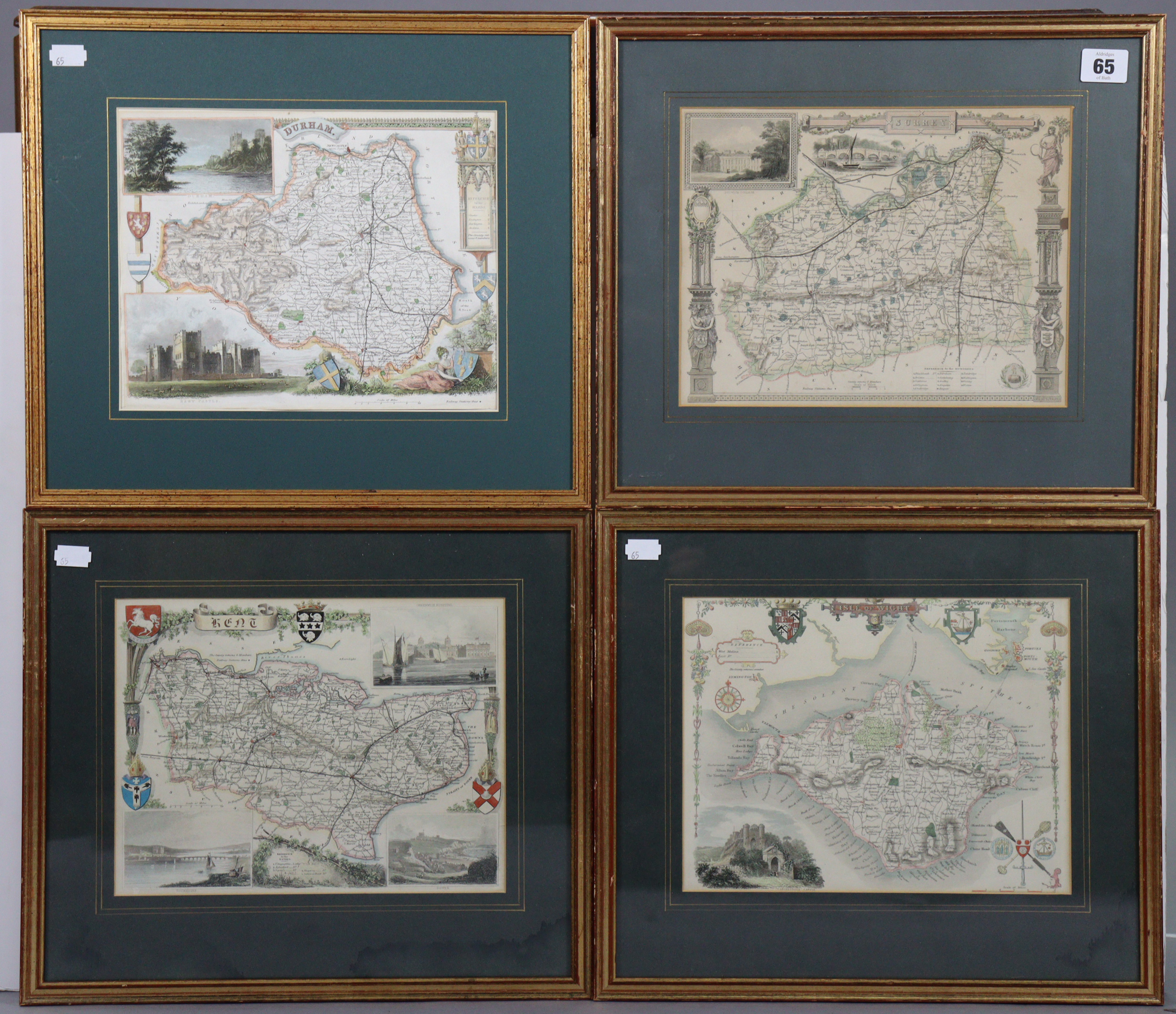 Four 19th century hand-coloured maps “Durham”, “Isle of Wight”, “Kent”, & “Surrey”, 8” x 10”, each