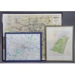 A vintage French coloured folding map “Paris Metropolitan”, 19¾” x 37¼”; & two vintage British
