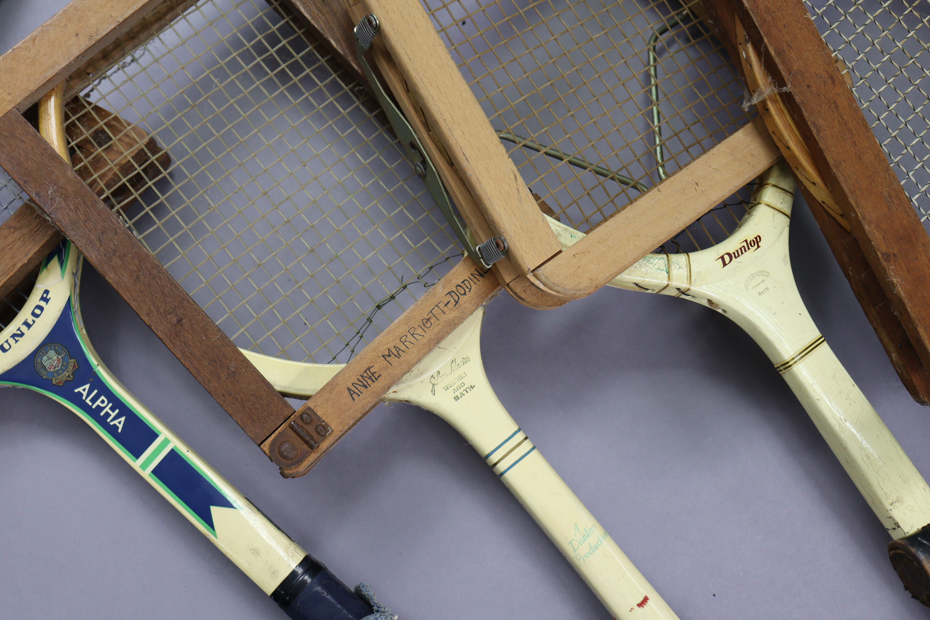 Five various wooden tennis racquets, each with wooden press; a wooden cricket bat; two golf clubs, - Image 4 of 5