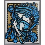 INKIE: “A Sprayprint leaf & acrylic on canvas “Nouveau Blue”, 20” x 16”; & a ditto Limited Edition
