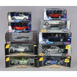 Ten various Maisto large scale die-cast model sports cars, each with window box.