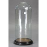 A glass domed dust shade on an ebonised wooden plinth base, 8¾” diameter x 22” high (over-all).