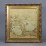 An embroidered wool work picture depicting a 19th century dance, 15¾” x 14¼”, in glazed gilt frame.