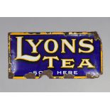 An enamelled rectangular sign “LYONS TEA SO.. HERE”, 9½” x 18¾” (w.a.f.).