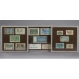 A collection of fifteen various German banknotes arranged in groups of five, in three framed &