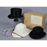 A black silk top hat by Lock & Co. of London; a black felt bowler hat by Bennett of London, each