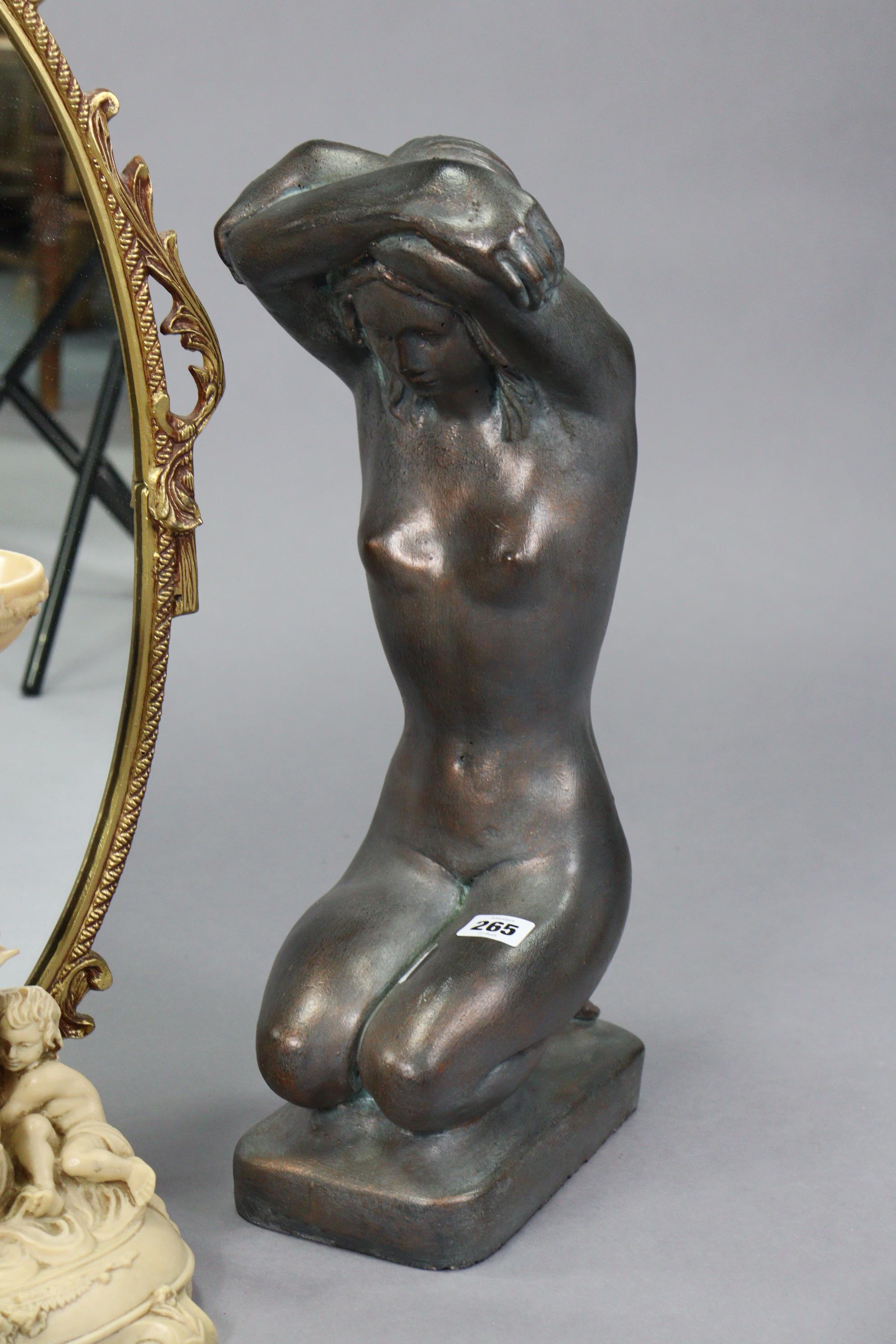A bronzed composition nude female sculpture, 19” high; together with a gilt-frame oval wall - Image 3 of 5
